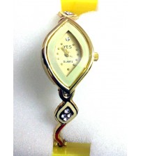 Diamond Shape Ladies Wrist Watch, Analog Quartz Watch, American Diamond Crafted Chain, Gold and Yellow Color